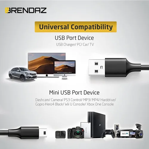 Vista 3 de BRENDAZ Cable mini USB, paquete de 2 unidades de 1 pie - Cable de carga de datos USB tipo A macho a Mini B compatible con cámara, Blue Yeti Snowball