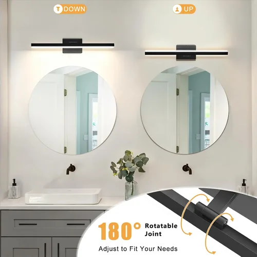 Vista 4 de IZORRO Moderna lámpara de tocador de baño de 16 pulgadas, giratoria, 12 W, regulable, lámpara LED sobre el espejo, barra de luz negra para tocador