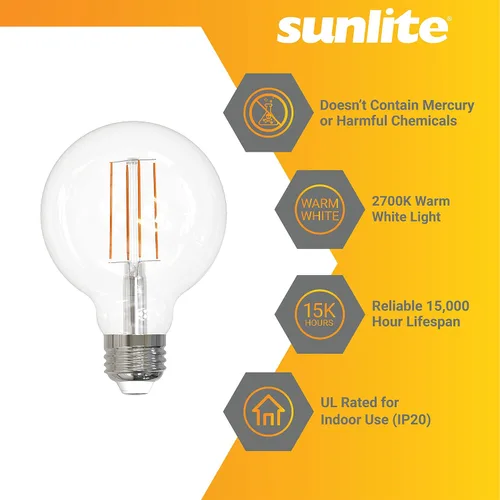 Vista 3 de Sunlite 81124 Bombilla LED G25 Edison Globo, 8.5 vatios (100 W = ), base E26 media, 800 lúmenes, regulable, vidrio transparente, filamento largo