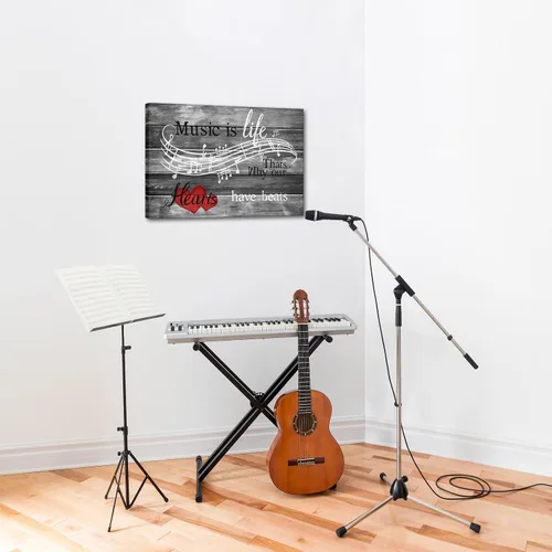 Vista 3 de SkenoArt Lienzo musical para pared, tema musical, inspirador, arte de pared con texto en inglés "Music is Life That is Why Our Hearts Have Beats
