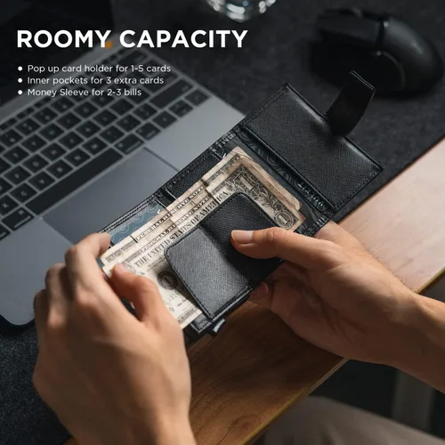 Vista 3 de VULKIT Cartera desplegable de piel auténtica, tarjetero automático de tarjetas de crédito con bloqueo RFID, cartera de bolsillo plegable con ranura