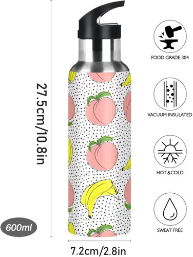 Vista 9 de BPA-Free Sport Water Bottle Insulated 32 Oz, Insulated Water Bottle for Gym Outdoor Travel School, Peaches Bananas Polka Dot