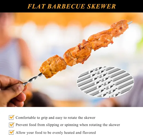 Vista 3 de Brochetas de metal para parrilla, paquete de 50 brochetas de 14.8 pulgadas, brochetas planas para barbacoa, juego de brochetas reutilizables