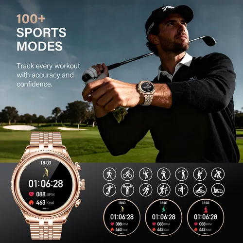 Vista 6 de Reloj inteligente de lujo de alta gama para hombres, esfera giratoria (bisel de corte de hacha) smartwatch, pantalla AMOLED de 1.32 pulgadas Dorado