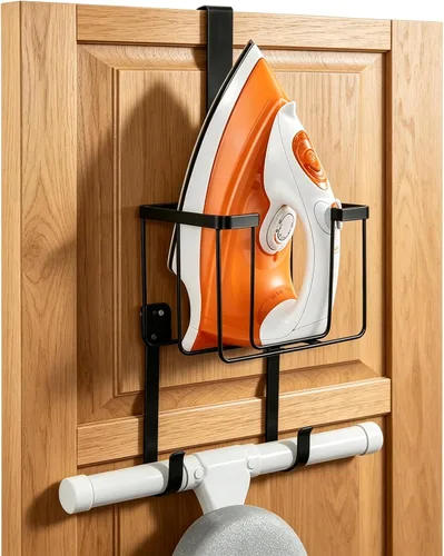 Vista 10 de TJ.MOREE Soporte de pared/sobre la puerta para tabla de planchar con gran cesta de almacenamiento, soporte para plancha y tabla de planchar