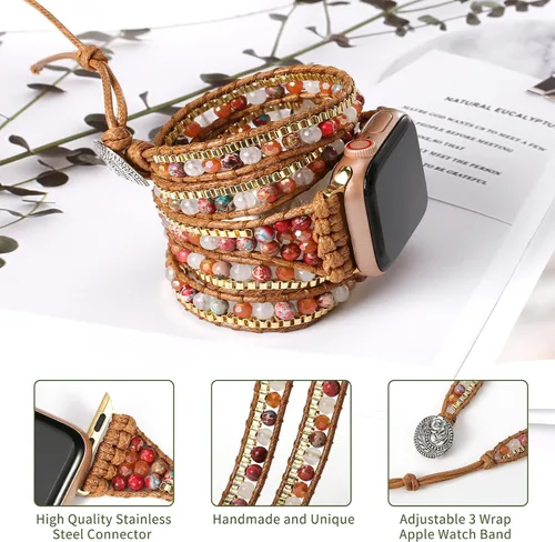 Vista 4 de Pulsera bohemia de 5 envolturas compatible con Apple Watch Band con cuentas para mujeres y hombres, 1.496 pulgadas/1.575 pulgadas/1.614 pulgadas