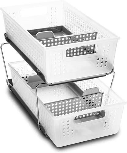 Vista 7 de madesmartOrganizador de 2 niveles, cestas de almacenamiento de deslizamiento multiusos con asas, claro pull out bins, adjustable dividers, tiered