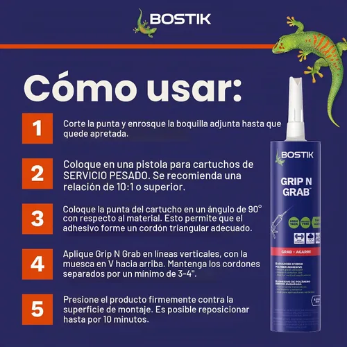 Vista 6 de Bostik Grip n Grab 9.5oz adhesivo de agarre instantáneo Premium resistente Grado profesional Impermeable para uso interno y externo, bajo olor