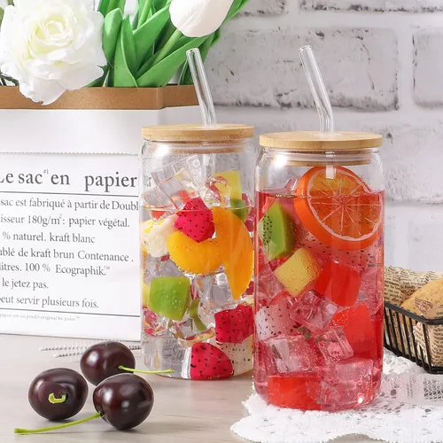 Vista 6 de CWHHRN Vasos de vidrio con tapas y pajitas, vasos de 16 onzas, tazas de café helado, vaso de vidrio con tapa, ideal para soda, té Boba Cocktai