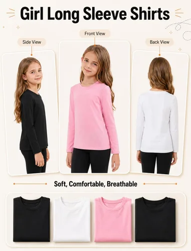Vista 7 de TELALEO Paquete de 4 camisetas de manga larga para niñas, camisetas
