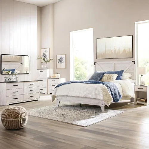 Vista 8 de Signature Design by Ashley - Base de cama con plataforma de granja casual Shawburn, tamaño matrimonial, cal desgastada