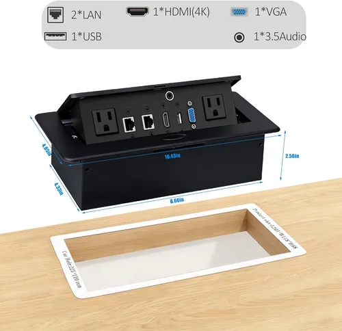 Vista 3 de Table Pop Up Power Date Center Caja de conexión para conferencias, color negro 2 tomacorrientes, 2 redes, HDMI, VGA, para espacios de trabajo
