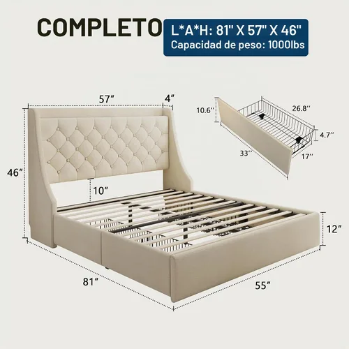 Vista 2 de GalnFu Marco de cama de tamaño completo con 4 cajones de almacenamiento, cabecera tapizada grande tipo wingback, estación de carga rápida,