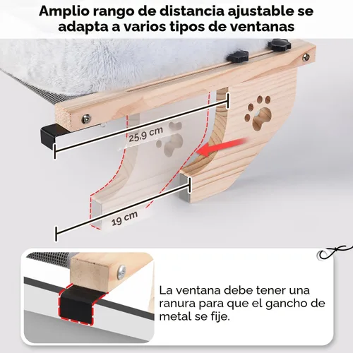 Vista 5 de AMOSIJOY Percha de Ventana para Gatos Sillón de Hamaca Robusto con Funda de Almohadón, Marco de Madera y Metal para Gatos Grandes, Cama de Gato Gris