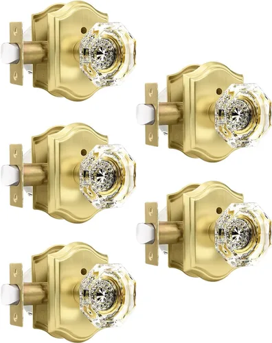 Vista 30 de Gobrico Juego de pomos de puerta de vidrio transparente para interiores, cerradura de puerta de cristal de diamante de privacidad en latón antiguo