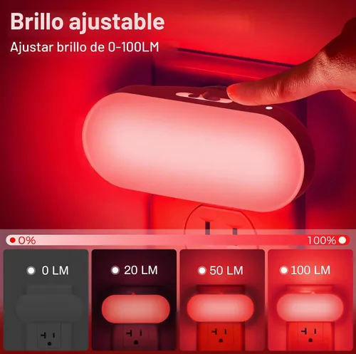 Vista 3 de DORESshop - Luz nocturna roja, encendido/apagado automático, brillo ajustable de 0-100 LM Dimmable Night Light,Plug Into Wall Light Sensor Night