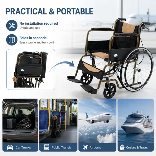 Vista 6 de Silla de ruedas plegable ligera para adultos, silla de ruedas autopropulsada de 24 pulgadas para adultos con frenos de mano duales, silla de ruedas