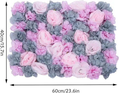Vista 7 de OUKANING Paquete de 6 paneles de pared de flores de seda con rosas de seda, telón de fondo de pared de flores artificiales para interiores y Morado