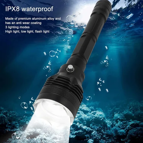 Vista 3 de Luz de buceo, linterna de buceo súper brillante de 8000 lúmenes, luz de buceo compacta con 3 modos, linterna sumergible IPX8, para buceo submarino