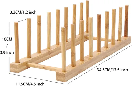 Vista 2 de Juego de 4 escurridor de madera de bambú para platos y escurridor, soporte de almacenamiento para guardar platos, tazones, libros
