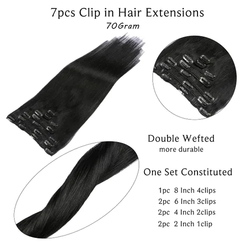 Vista 3 de Extensiones de cabello con clip Ubetta de cabello humano real, extensiones de cabello negro azabache con clip, 7 piezas, 70 g, extensiones