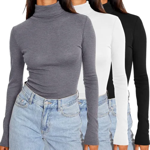 Vista 15 de SUNBS Camisetas de manga larga con cuello alto falso de 3 piezas para mujer Blackbeigecoffee3