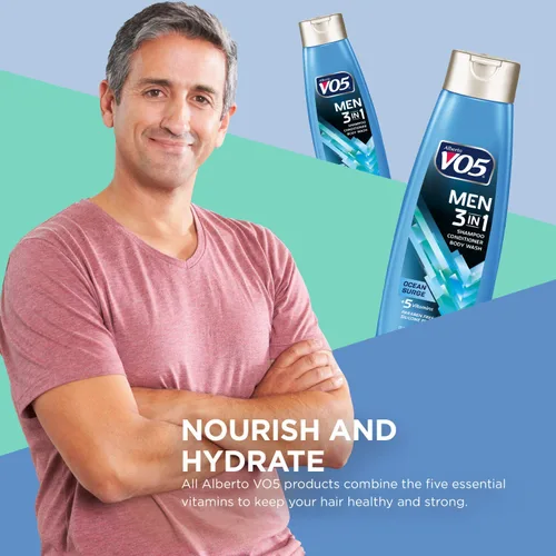Vista 3 de Alberto VO5 - Champú acondicionador y gel de baño 3 en 1 para hombre, Ocean Surge, 5 vitaminas esenciales A, H, C, B5 y B3 para ayudar a nutrir e