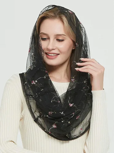 Vista 3 de Leimandy Velo ortodoxo que cubre la cabeza con flores bordadas capilla católica Mantilla velo V50