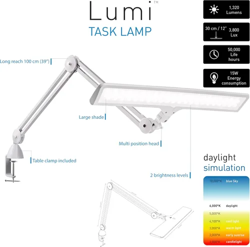 Vista 2 de Daylight Company Lumi Lámpara de tarea, +95 CRI, 4000 Lux, luz artesanal, lámpara de escritorio súper brillante, regulable al tacto, 2 niveles
