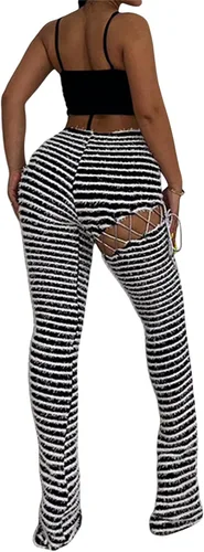 Vista 5 de Women Summer Skinny Striped Long Pants High Waist Hollow Out Tie-up Slim Fit Trousers Streetwear