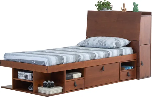 Vista 2 de Memomad Bali Set: Plataforma de almacenamiento con cajones + Cabecera con estantería (Tamaño individual, madera color marrón caramelo)