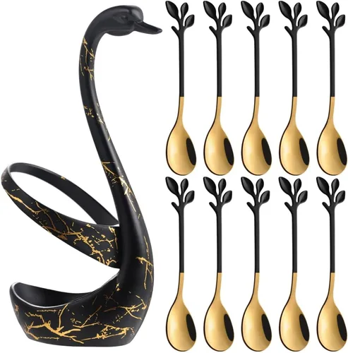 Vista 12 de AnSaw Elegantes Cucharas de Café de Hoja Negra - 10 Piezas, 4.7" Mini Cucharas de Acero Inoxidable para Espresso y Postre, Perfectas para Demitasse