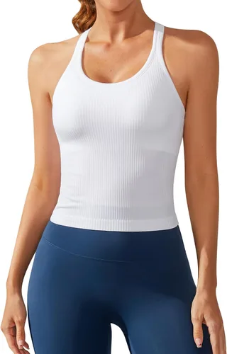 Vista 194 de ATTRACO Camiseta corta acanalada de entrenamiento para mujer con brasier integrado para yoga, espalda cruzada, ajuste ajustado