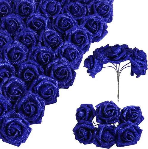 Vista 11 de Ramo de rosas negras con purpurina, 72 piezas de rosas artificiales de espuma con tallos para bricolaje, boda, hogar, fiesta, Navidad, Halloween 72