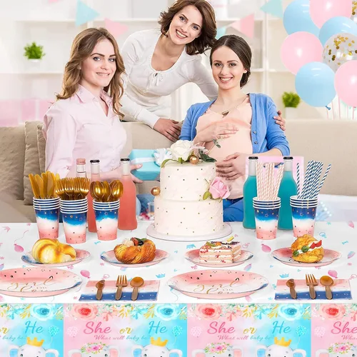 Vista 6 de PHOGARY Paquete de 3 manteles de revelación de género de bebé para decoración de fiesta de niño o niña, elefantes bebés rosas o azules, manteles