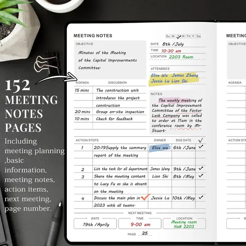 Vista 4 de JUBTIC Cuaderno de reuniones para el trabajo con artículos de acción, planificador de proyectos para oficina y negocios, toma de notas, suministros