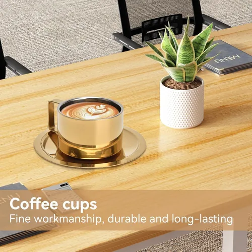Vista 7 de Juego de 2 tazas y platillos de expreso, taza de café y platillo, taza de café dorada, tazas demitasse de acero inoxidable, exquisitos recipientes