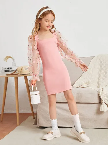 Vista 5 de WDIRARA Vestido de cuello cuadrado con apliques de manga larga con volantes de malla transparente para niña