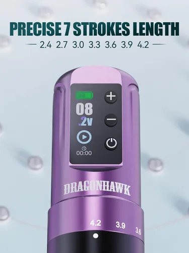 Vista 3 de Dragonhawk Atom2 Pro Tattoo Kit, 7 Stroke Settings, 2000mAh, Purple