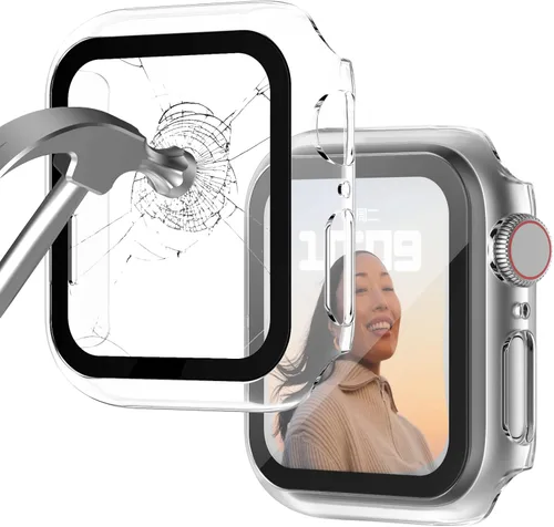Vista 13 de Adepoy Paquete de 8 fundas con protector de pantalla de vidrio templado compatible con Apple Watch SE3 SE2 SE Series 6/5/4 de 1.575 pulgadas