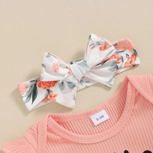 Vista 3 de Traje de tía para bebé recién nacida, camiseta de manga corta acanalada, pantalones cortos florales con diadema