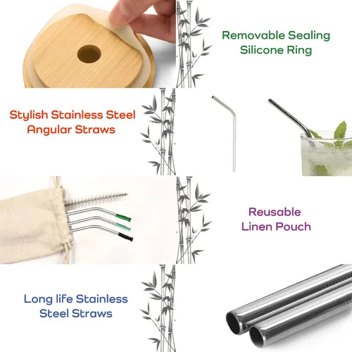 Vista 6 de Tapas de bambú para tarros de masón con agujero para pajilla, popotes reutilizables de acero inoxidable con puntas de silicona de colores, cepillo