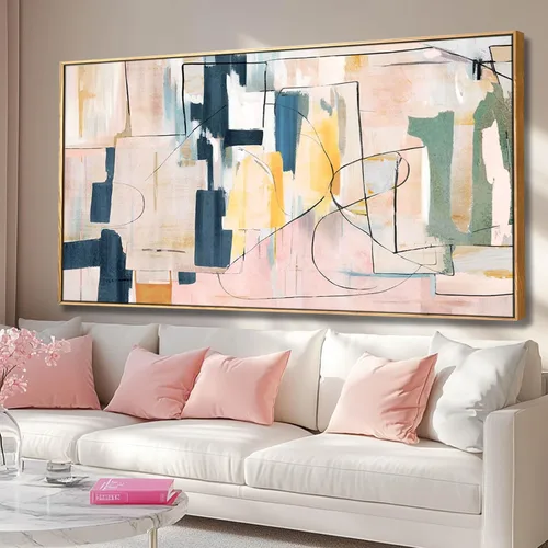 Vista 9 de Artexist Arte de Pared de Lienzo Abstracto Grande Pintura Rosa Decoración de Dormitorio Amarillo Arte Azul Marino Impresiones de Arte Fotográficas