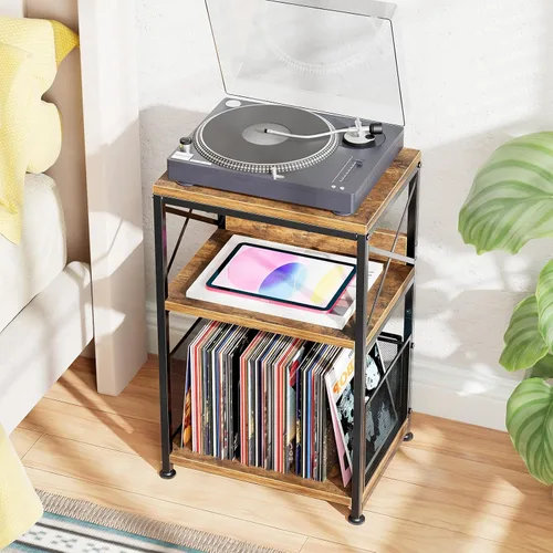 Vista 4 de Simple Trending Soporte para tocadiscos, soporte para tocadiscos con almacenamiento de vinilo con capacidad para hasta 200 álbumes, mesa auxiliar