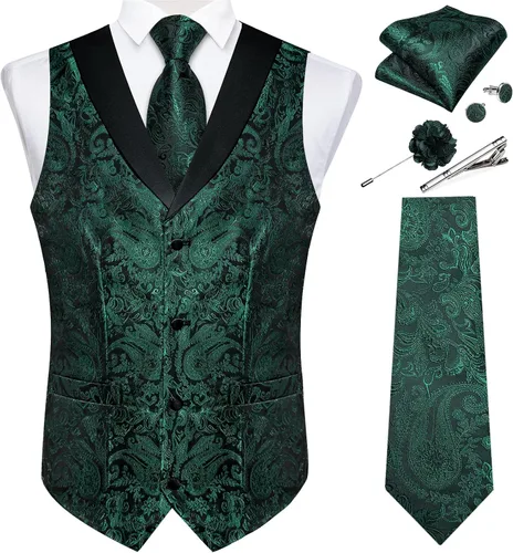 Vista 22 de DiBanGu Chaleco de traje de cachemira para hombre, chaleco jacquard de seda y corbata, chaleco formal de cuello de chal, 7 piezas para fiesta