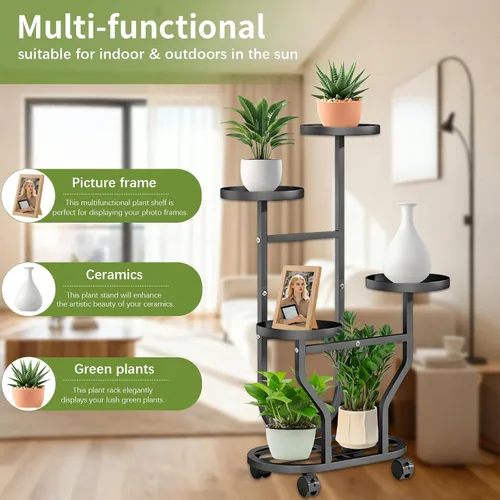 Vista 5 de Soporte para plantas de 5 niveles, estante de metal para plantas para interiores y exteriores, estante de esquina alta para plantas múltiples