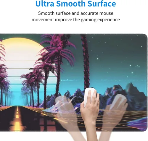 Vista 5 de Retrowave Synthwave - Alfombrilla de mouse grande para juegos, XL, alfombrilla de mouse larga extendida, base de goma antideslizante, bordes