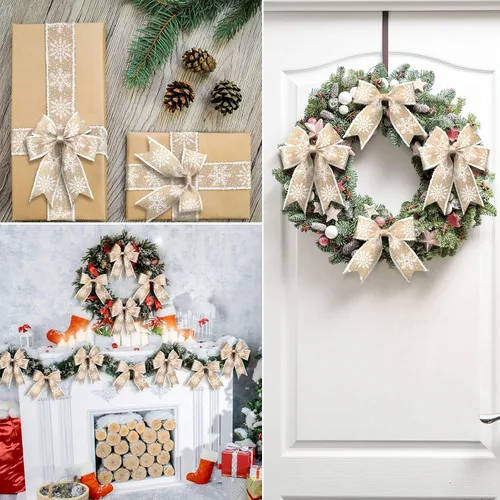 Vista 4 de 2 rollos de cinta de copo de nieve con borde con alambre para árbol de Navidad, cinta decorativa de temporada para Navidad, decoración de invierno
