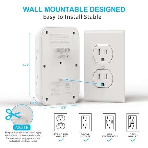 Vista 4 de Cargador de pared, protector de sobretensiones, extensor de 6 tomas de corriente con 3 puertos de carga USB (1 USB C, 3.4 A), regleta