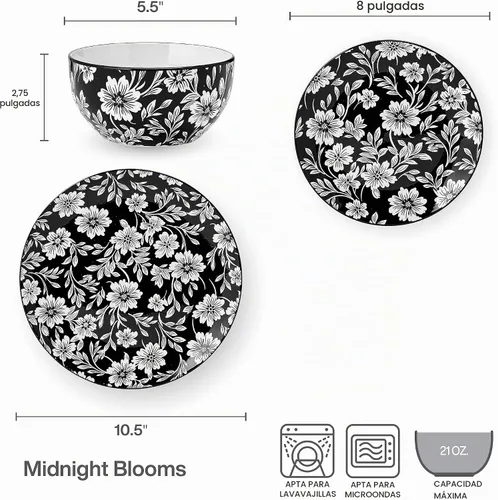 Vista 3 de Pfaltzgraff Midnight Blooms - Juego de vajilla de gres floral de 12 piezas, plato, tazón y recipiente, servicio para 4, negro